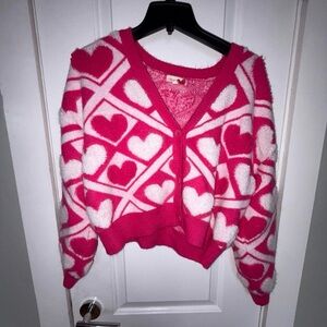 Cozy Heart Pattern Cardigan in Pink and White